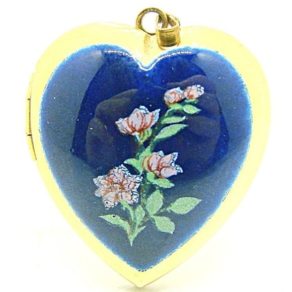 Blue Floral Enameled Heart Shaped Lock Pendant Gold Tone Photos Keepsakes Charm - Picture 1 of 12
